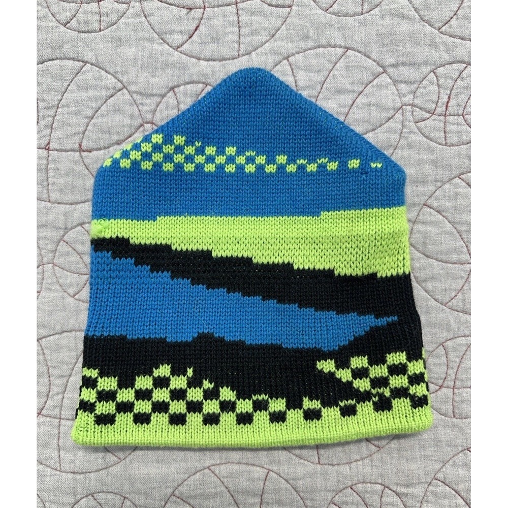 VTG 90s Wigwam 100% Wool Geometric Neon Blue Green Beanie Hat Ski Snowboarding